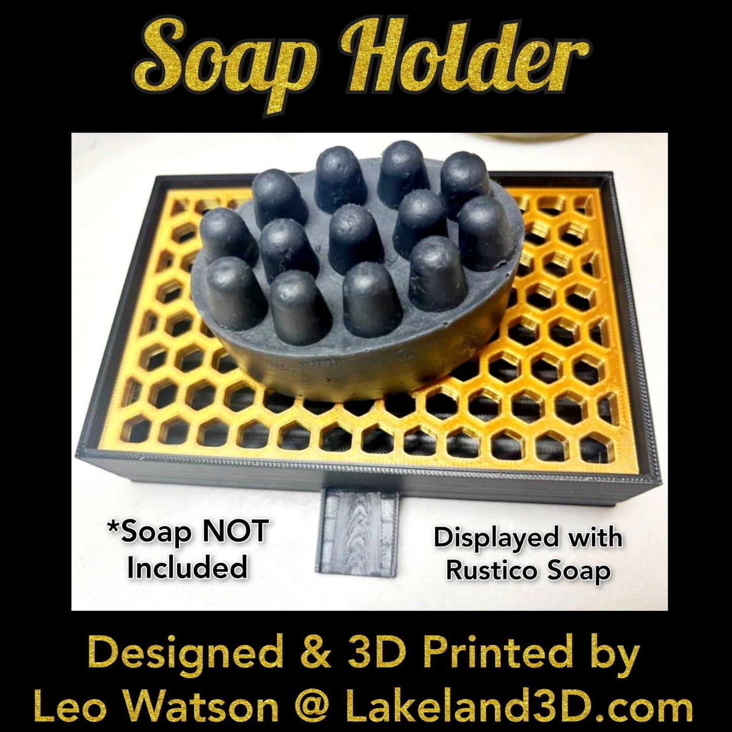 Soap Holder w/ Spout 3D Printed Black & Gold Decor Gift Decoration Lakeland3D